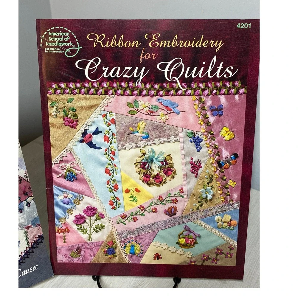 Lot of 2 Crazy Quilt Embroidery PB Books Linda Causee Rita Weiss Ribbon Stitches